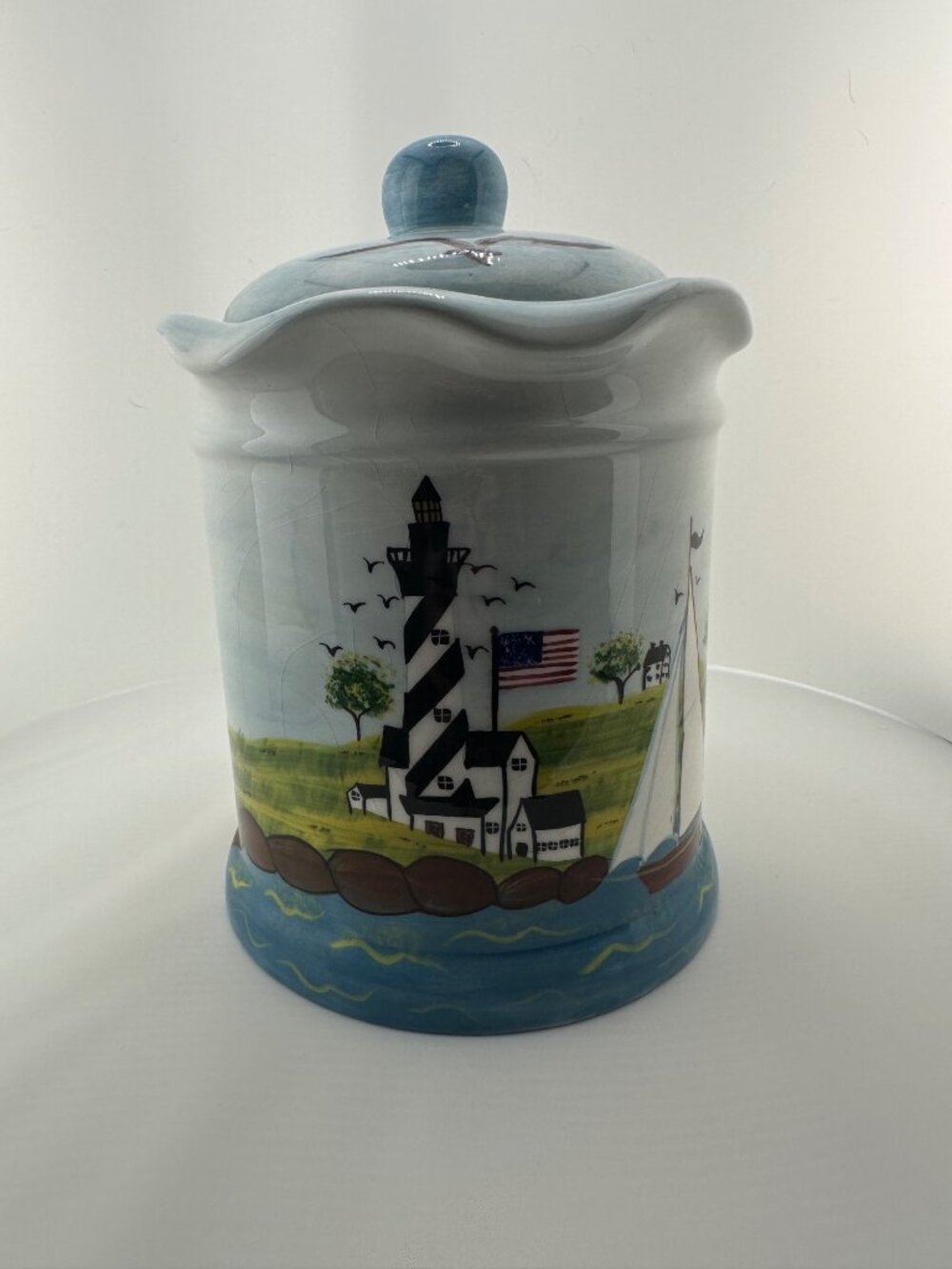 Coastal Lighthouse Cookie Jar Nautical Beach Decor Casa Vero Canister Ceramic